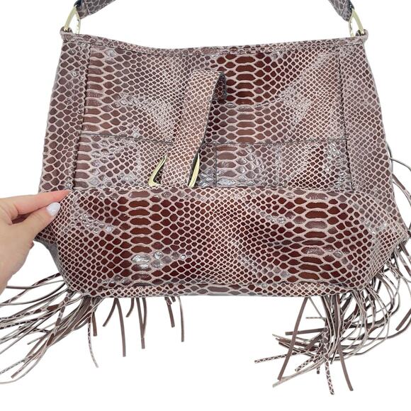 GILI NEW Brown Genuine Leather Textured Croc Reptile Fringe Shoulder Bag Purse - Picture 4 of 13